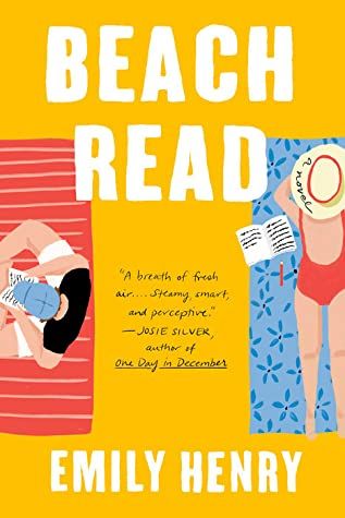 The cover of Beach Read by Emily Henry features two people on beach towels, side by side, a big apart, not looking at each other. They have partially-written manuscripts beside them.