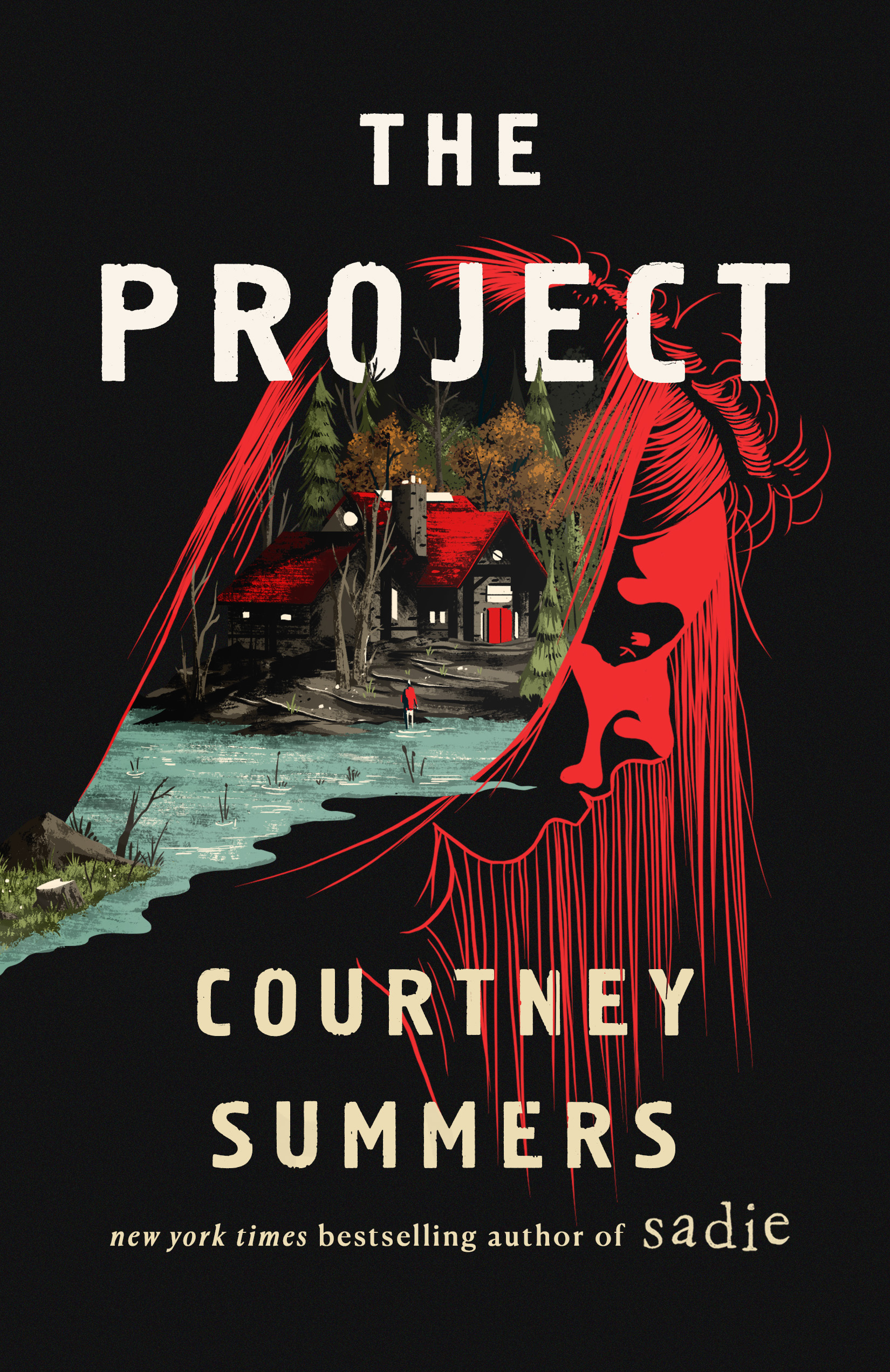 The cover of The Project features a dejected-looking young woman looking down, her hair falling behind her silhouetted face. The sweep of hair in the foreground contains an image of a cabin in the woods. 