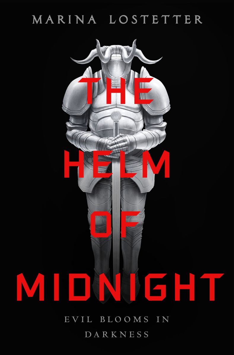 The cover of The Helm of Midnight features an unsettling suit of armor on a black background. The top of the armor (the helm) looks like an upturned, grasping, four-fingered hand.