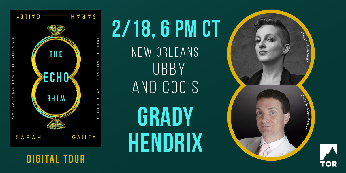 This is a graphic featuring all the event details above, plus photos of me and Grady Hendrix. I'm a pale redheaded femme with a face that says "nobody knows the thing I did". Grady is a white man with a white suit on and an expression that says "um everyone definitely saw the thing you did, you're not gonna get away with it this time."